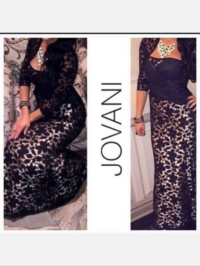 Jovani Black Plunging Strapless Floral Silk Gown with Matching Wrap Sz 14 NWT